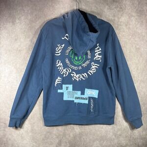 GFTD LA Hoodie Mens Medium Blue Graphic Patchwork Skeleton Hand Streetwear $65